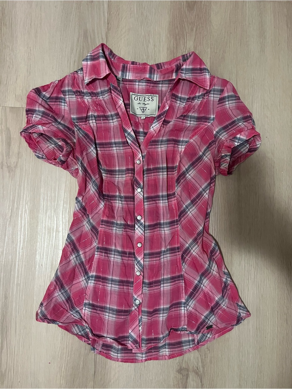 Guess Vintage Y2K Pink Plaid Button up Short sleeve Shirt Snap buttons Small